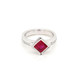 We created this timeless, and modern ring for the girl on the go.  Handcrafted in 14 karat white gold, set with .17ct. of our ideal cut diamonds, and this 1.46ct. rich ruby chatham(r) created square center.  Wear it for day or night. 

Designed and created in our studio by the artist Stuart J.