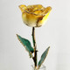 Real semi-opened rose, with petals dipped in rich yellow lacquer and trimmed in 24kt gold. Stem is approximately 12" long and is heavy gold plated. Each rose is elegantly wrapped in gold tissue and packaged in a gold, two-piece outer box. Price includes the vase, and regular shipping. Available in other colors. Call for color choices.