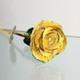 Real semi-opened rose, with petals dipped in rich yellow lacquer and trimmed in 24kt gold. Stem is approximately 12" long and is heavy gold plated. Each rose is elegantly wrapped in gold tissue and packaged in a gold, two-piece outer box. Price includes the vase, and regular shipping. Available in other colors.  Call for color choices.