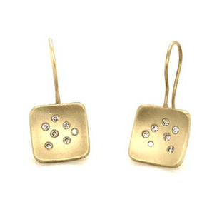 Fun and modern, these drop dangle earrings sing. Hand made in recycled 14 karat green gold with .16 carat T.W. of our super sparkly Ideal cut diamonds. These very special earrings measure 1 inch long. Sassy are these dangle earrings middle name.