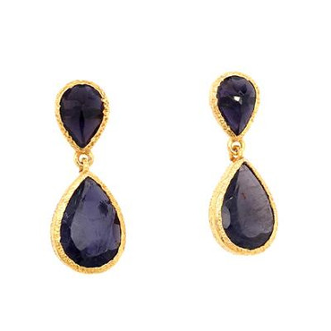 Natural handcrafted splendor, these elegant dangle earrings are simplicity at its best! Sterling silver gold plated, showcasing these amazing dangling iolite pear shaped gemstones. Truly beautiful! These earrings measure 1" long.  Dangles on posts.

These dangle earrings are one of a kind.
