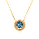 There is nothing more timeless then our beautiful bezel pendant. Created in 14 karat yellow gold, set with this dreamy 7mm round swiss blue topaz gemstone.  Looks like candy on your neck! Hangs on a 14karat yellow gold 1.1mm wheat chain 16". This bezel pendant measures 1/4 inch long.

Other gemstone colors available, so call with options.

Designed and created in our studio by the artist Stuart J.
