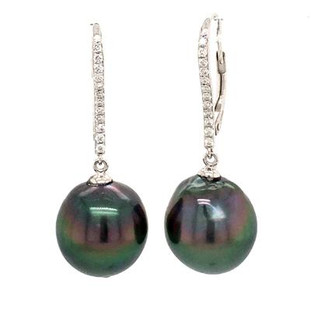 Breathtaking drop earrings in 18 Karat white gold accented with .20ct. t.w. of exceptional diamonds, and 2- 13mm Baroque Black tahitian pearls, hanging on white gold lever backs.  Measures 1 inch long.