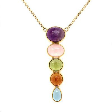For the girl who loves adventure and fun, this multi color gemstone pendant is the perfect fit! 18 karat yellow gold, with multi color cabachon gemstones consisting of amethyst, rose quartz, peridot, citirine, and blue topaz! An 18 karat yellow gold oval link chain, 18 " long, is included.