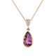 You will be captivated by this modern and elegant pendant. The mix of white gold and 14 karat rose gold is magical as this pendant comes together. The 14 karat rose gold bezel make this beautiful pear shaped amethyst gemstone pop. The blend of the two metals is sophisticated, and fun, all at the same time. Perfect for any time of the day or night. This pendant hangs on a rose gold 18" wheat chain.  The pendant measures 1 inch long.
