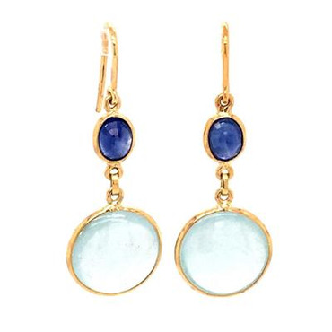 Our incredible drop dangle earrings with these rich dark blue sapphire gemstones, and dangling round aquamarine gemstones.  18 karat yellow gold hanging on wires.  These beautiful earrings measures 1 inch long.