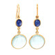 Our incredible drop dangle earrings with these rich dark blue sapphire gemstones, and dangling round aquamarine gemstones.  18 karat yellow gold hanging on wires.  These beautiful earrings measures 1 inch long.