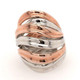 This silver and rose gold plated flame ring flows like a river, with alternating rose gold plated, and silver stripes.  Light and airy, and super cool! HOT! This ring adjusts for most finger sizes. Measures 1 " wide.