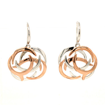  Our powerful and stylish flower shield dangle earrings in silver and rose gold plated.  Hangs on silver wires.  Measures 1 1/4" long.