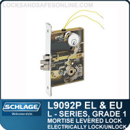 Schlage L9092P EL & EU - GRADE 1 MORTISE LEVERED LOCK - Electrified Lock (Outside) - Escutcheon Trim - M Collection Levers