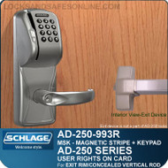 Schlage AD-250-993R - User Rights on Card - Exit Trim with Magnetic Stripe (Swipe) + Keypad - Exit Rim/Concealed Vertical Rod/Concealed Vertical Cable