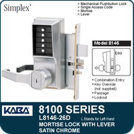 Simplex L8146-26D - Mechanical Pushbutton Mortise Lock with Lever with Key Override, Passage and Lockout - Satin Chrome