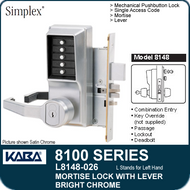 Simplex L8148-026 - Mechanical Pushbutton Mortise Lock with Lever with Key Override, Passage, Lockout and Deadbolt - Bright Chrome