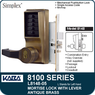 Simplex L8148-05 - Mechanical Pushbutton Mortise Lock with Lever with Key Override, Passage, Lockout and Deadbolt - Antique Brass