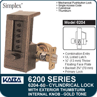 Simplex 6204-60 - Mechanical Pushbutton Cylindrical Lock with Exterior Thumbturn, Internal Knob - Gold Tone