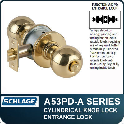 Orbit Design Schlage A53PD ORB 605 C Keyway Series A Grade 2 Cylindrical Lock Bright Brass Finish C Keyway Entrance Function 