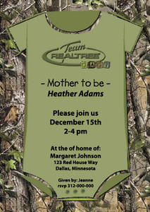 Realtree Baby Shower Invite w/ custom printed verse of your choose
Qty 24 invites w/envelopes
Size 5x7 cardstock