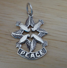 17x23mm 4 Peace Doves in a Circle and says Peace Sterling Silver Charm