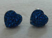 9x10mm Small Cute Blue Crystals on Solid Puffy Heart Sterling Silver Stud Earrings