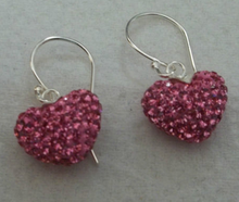 Med Cute Pink Crystals on Solid Puffy Heart Sterling Silver Earrings