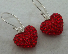 Med Cute Red Crystals on Solid Puffy Heart Sterling Silver Earrings