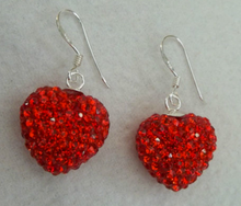 Sterling Silver Red Crystals on Solid Puffy Heart Earrings