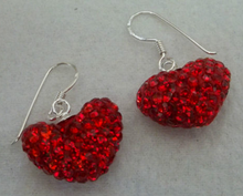 Red Crystals on Solid Puffy Heart Sterling Silver Earrings