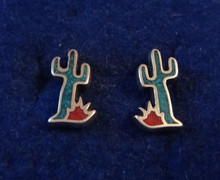 8x12mm Blue & Red Stone inlay Saguaro Cactus Sterling Silver Stud Studs Earrings!