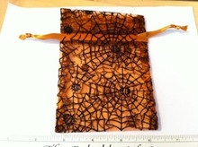 3 Orange & Black Spider Web Halloween Organza Fabric Drawstring 3.5"x5" Gift Bags