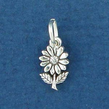 6x10mm TINY Daisy Flower w/ Stem Leaves Sterling Silver Charm