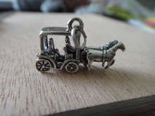 3D 15x21mm 2 Horse Amish style Carriage Wagon Buggy Sterling Silver Charm