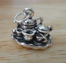 3D 12x12mm 4.9g Tea Coffee Set on Tray Sterling Silver Charm