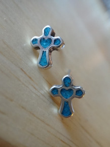 TiNY 8x6mm Blue Turquoise chip cross w/ Heart Sterling Silver Stud Earrings