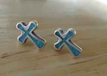 TINY 9x7mm shaped Blue Cross Stud Sterling Silver Earrings