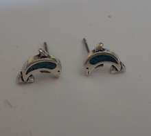 Blue stone inlay Dolphin Porpoise Sterling Silver Studs Earrings!