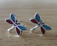 10x8mm 3D Small Red & Blue Dragonfly Studs Sterling silver Earrings!