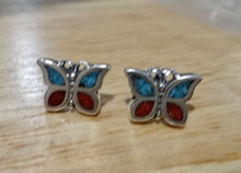 10x7mm Small Red & Blue Stone Inlaid Butterfly Studs Sterling Silver Earrings!