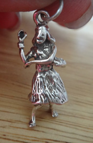 3D 13x28mm Sterling Silver Hula Hawaii Girl with Lei & Grass Skirt Charm