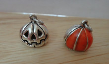 13x13mm 3D Halloween Jack-O-Lantern Orange Enamel Sterling Silver Charm!