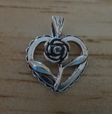 Open Heart with Detailed Rose Sterling Silver Charm