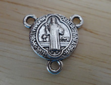 16mm Silver Pewter Sm round Rosary Center w/ Saint San Benito Benedict holding Cross Charm