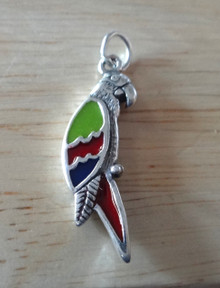 10x26mm Green Red Blue Parrot Bird Sterling Silver Charm