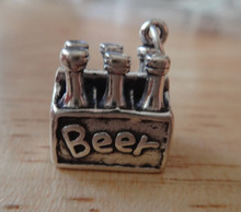 3D Solid 6 Pack of Beer Bottles Whimsical Sterling Silver Charm