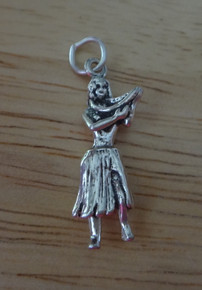 3D 8X25mm Hula Hawaii Girl Holding Lei Sterling Silver Charm