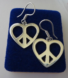 Large 7 gram Peace Sign Heart on Sterling Silver Wire Earrings!