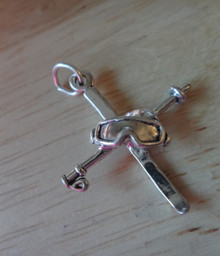 3D 25x22mm Ski, Goggles, and Ski Pole Sterling Silver Charm