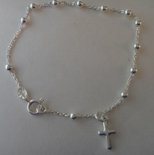 Sterling Silver 7" Rosary Dangle Cross 3mm Charm Bracelet