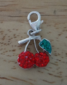 Two Cherries w/ Red Green Crystals Cherry Sterling Silver  Charm