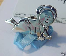Sterling Silver 13gram Baby Crawling Boy Pacifier Holder with Blue Ribbon