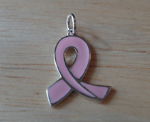 20x16mm Pink Enamel Breast Cancer Ribbon Sterling Silver Charm